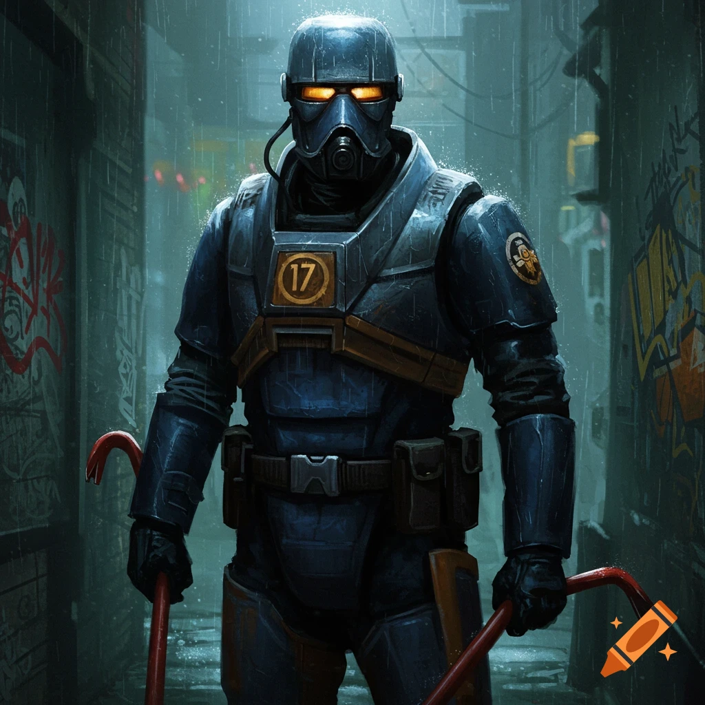 A Half-Life 2 Metrocop stands in a rainy alley, holding two crowbars.
