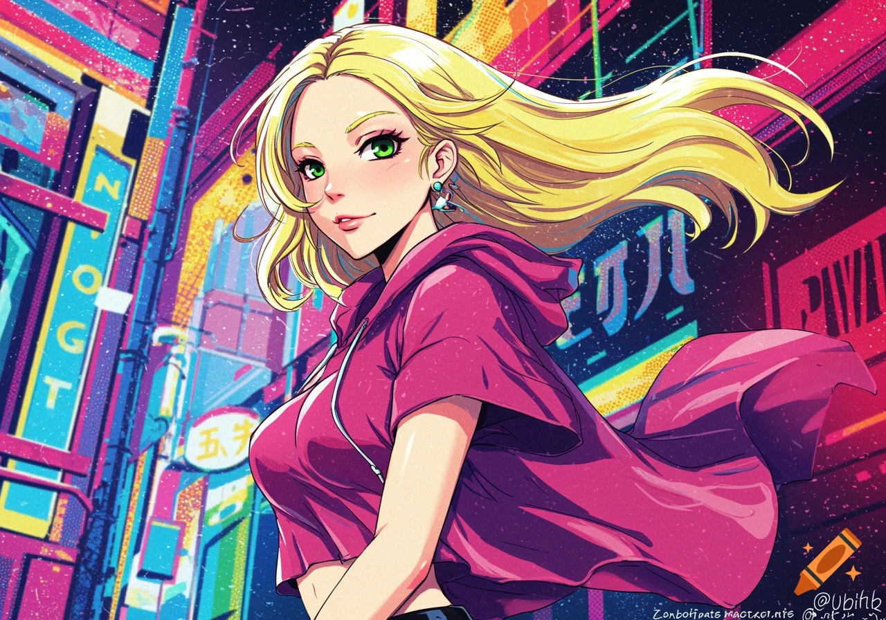 Anime woman in pink hoodie against a vibrant neon cyberpunk cityscape.