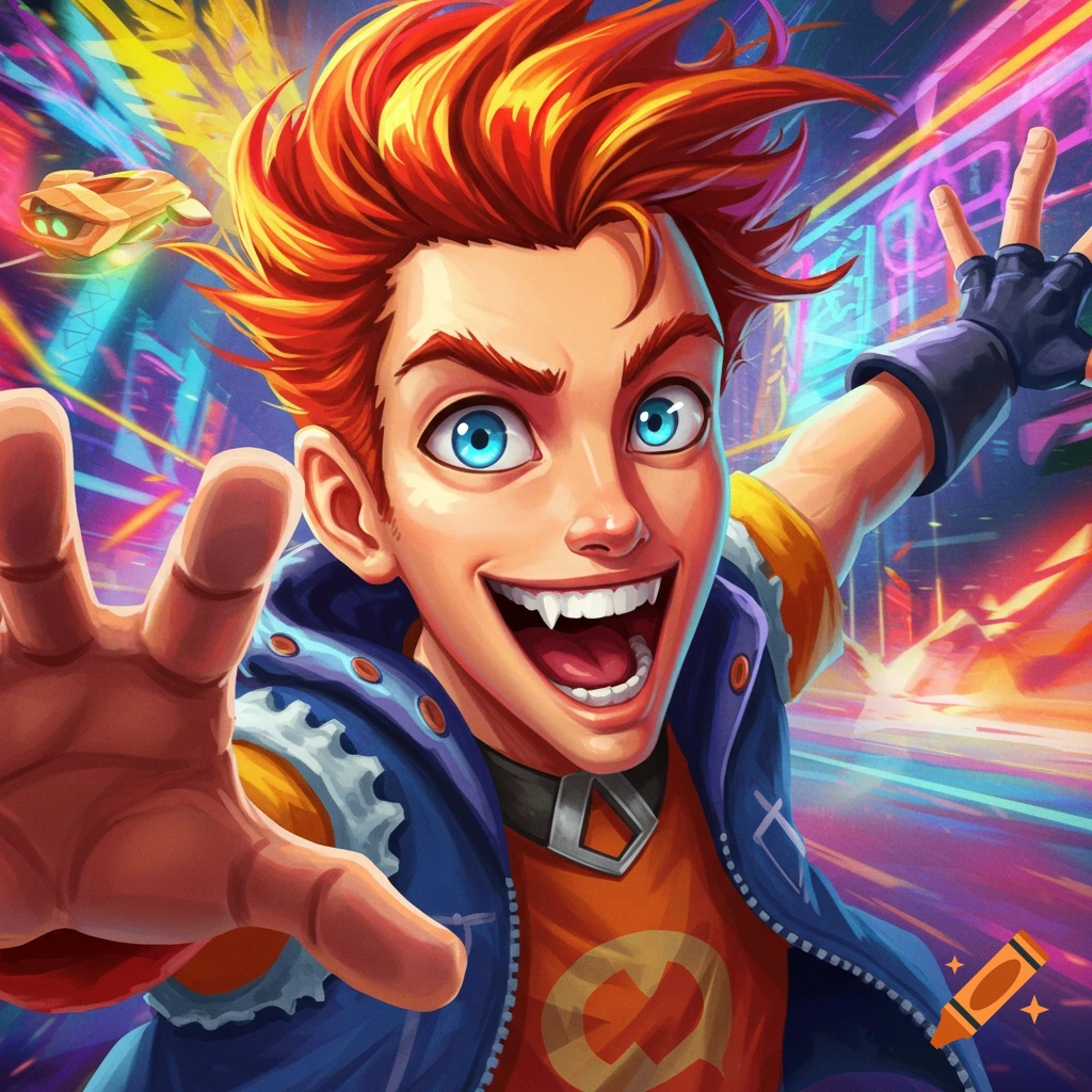 A young character with orange hair, blue eyes, and fangs raises hands in a colorful neon city.