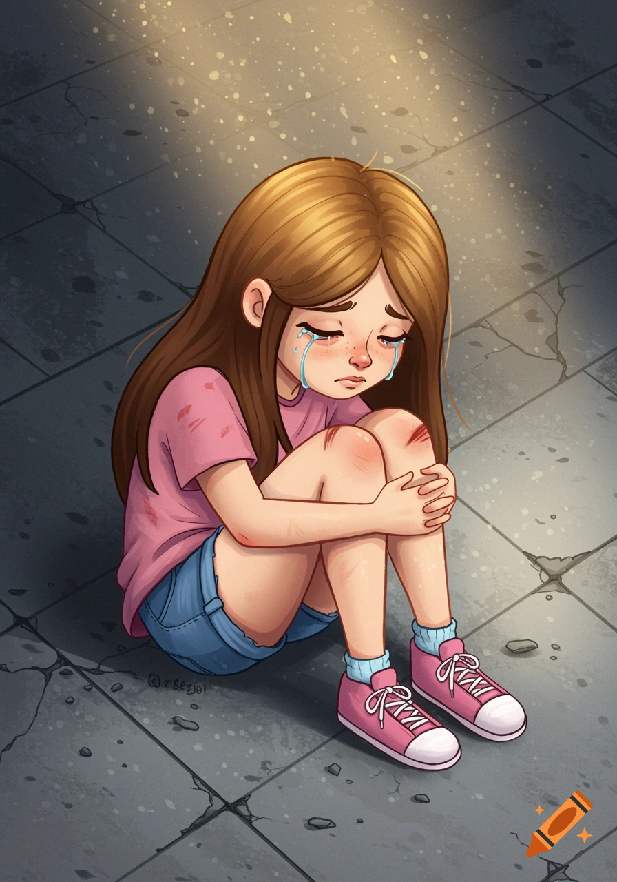 Digital illustration of a crying girl with scraped knees sitting on a concrete sidewalk.