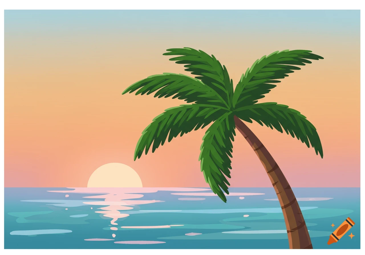 A cartoon palm tree by the sea at sunset.