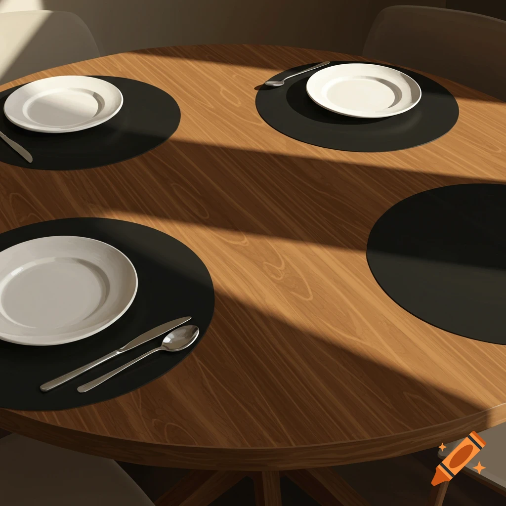 A round wooden table is set with black placemats, white plates, and cutlery, illuminated by sunlight casting shadows.