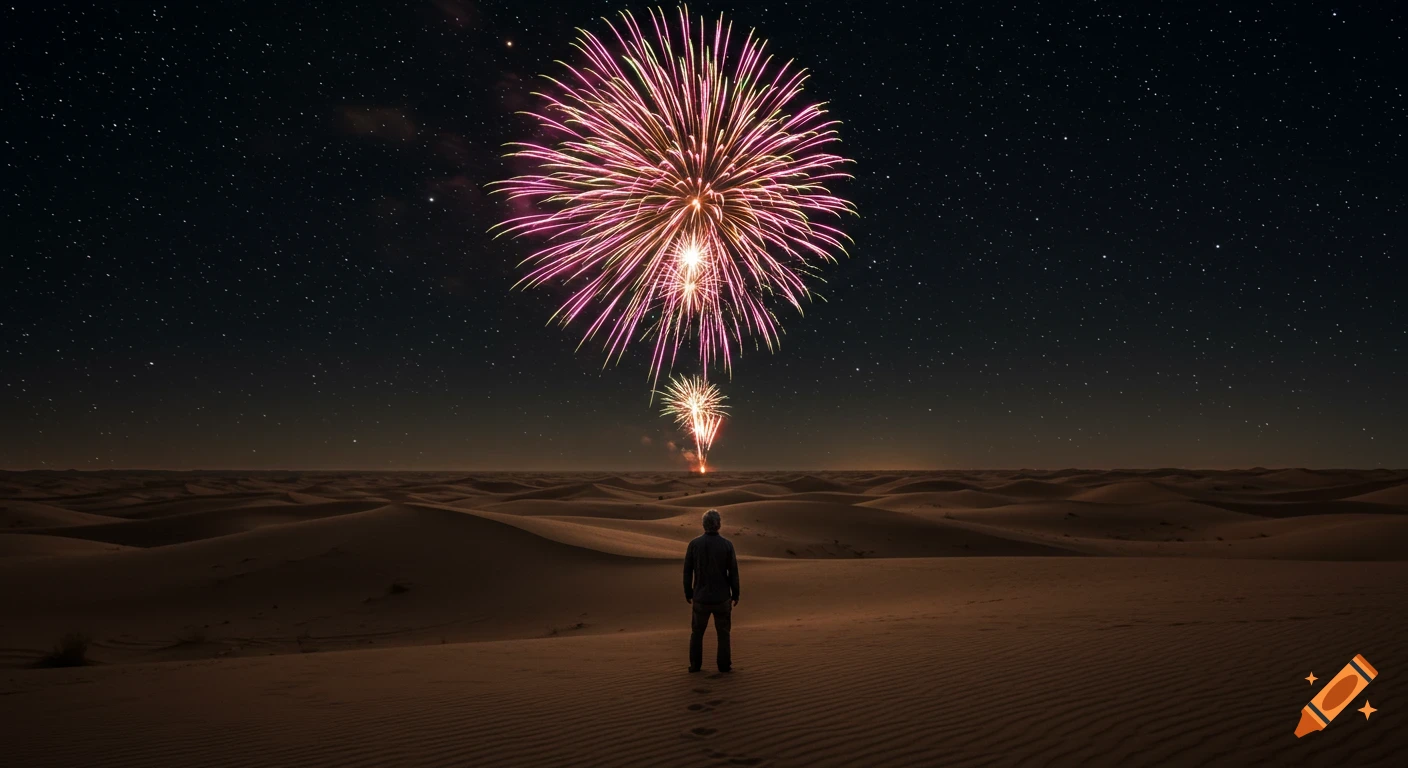 Man watches fireworks explode over sand dunes at night under a starry sky