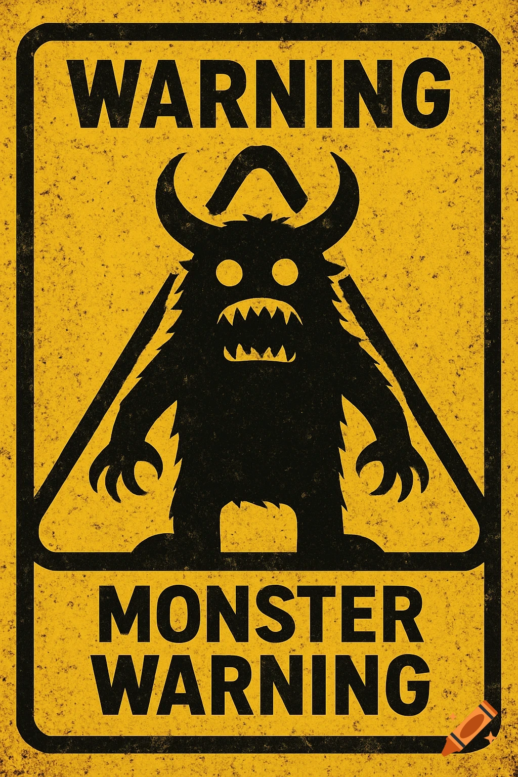 Distressed yellow warning sign with a black monster silhouette saying 'WARNING' and 'MONSTER WARNING'.