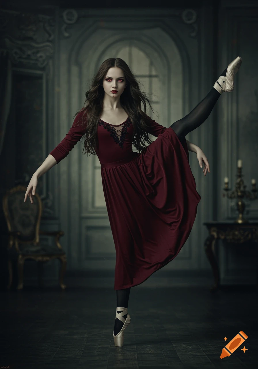 A photorealistic portrait of a young woman with red eyes, dressed as a vampire ballerina, posing on pointe in a vintage room.