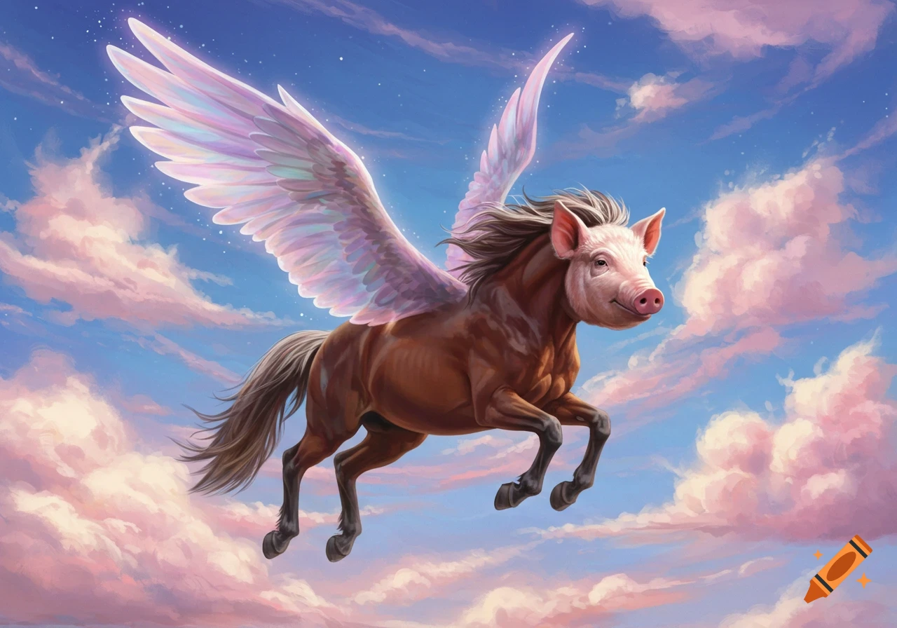 A fantasy creature that is a horse with wings and a pig's head flies through a sky with pink clouds.