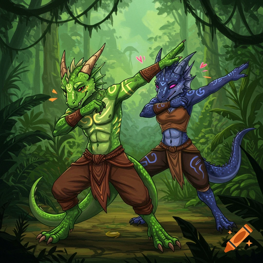 Two green and blue anthropomorphic lizards dabbing in a jungle.