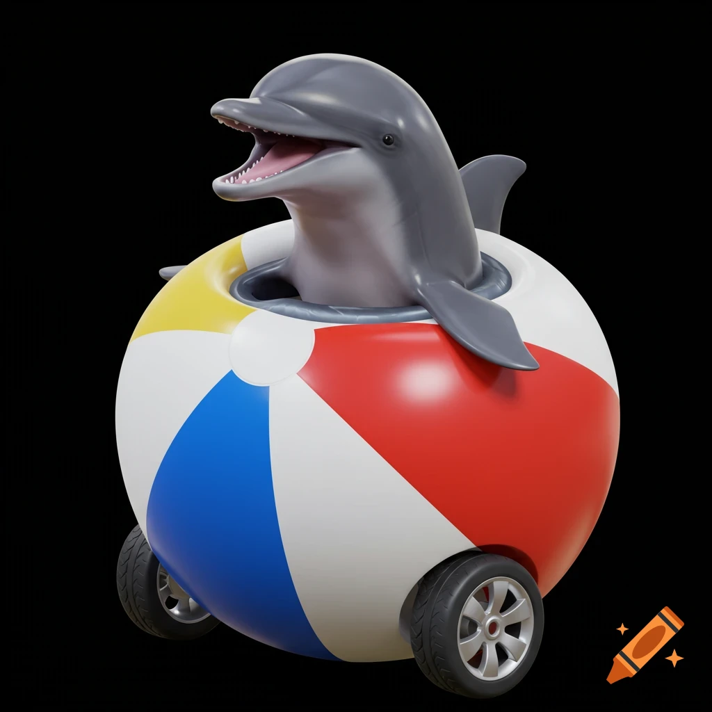 3D render of a dolphin in a beachball with wheels