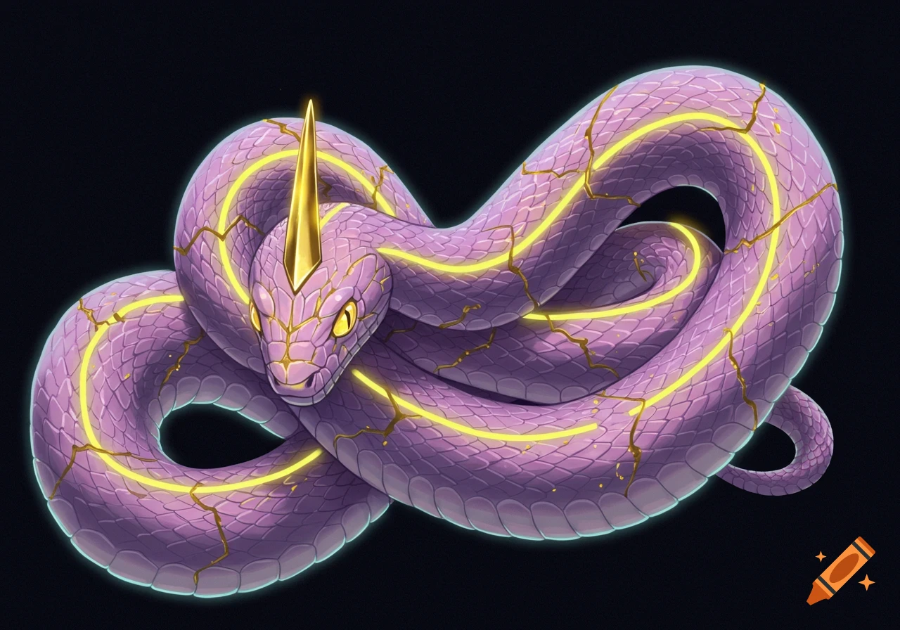 A purple fantasy snake with glowing yellow lines, gold cracks, and a gold horn on its head, against a black background.