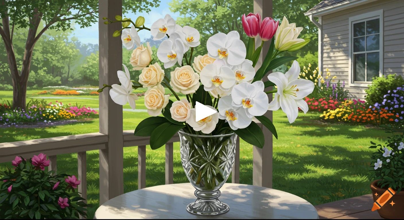 Flowers in a crystal vase on a porch table, with a garden in the background.