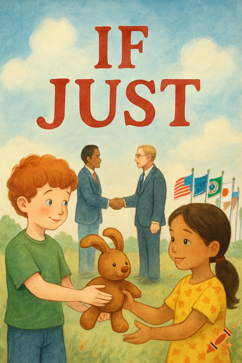 Children sharing a toy bunny with adults shaking hands in the background, text says IF JUST.