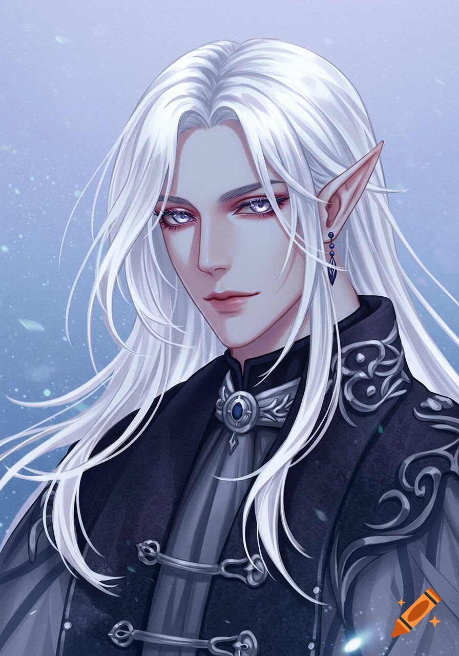 Anime-style fantasy character with white hair, pointy ears, and dark ornate coat