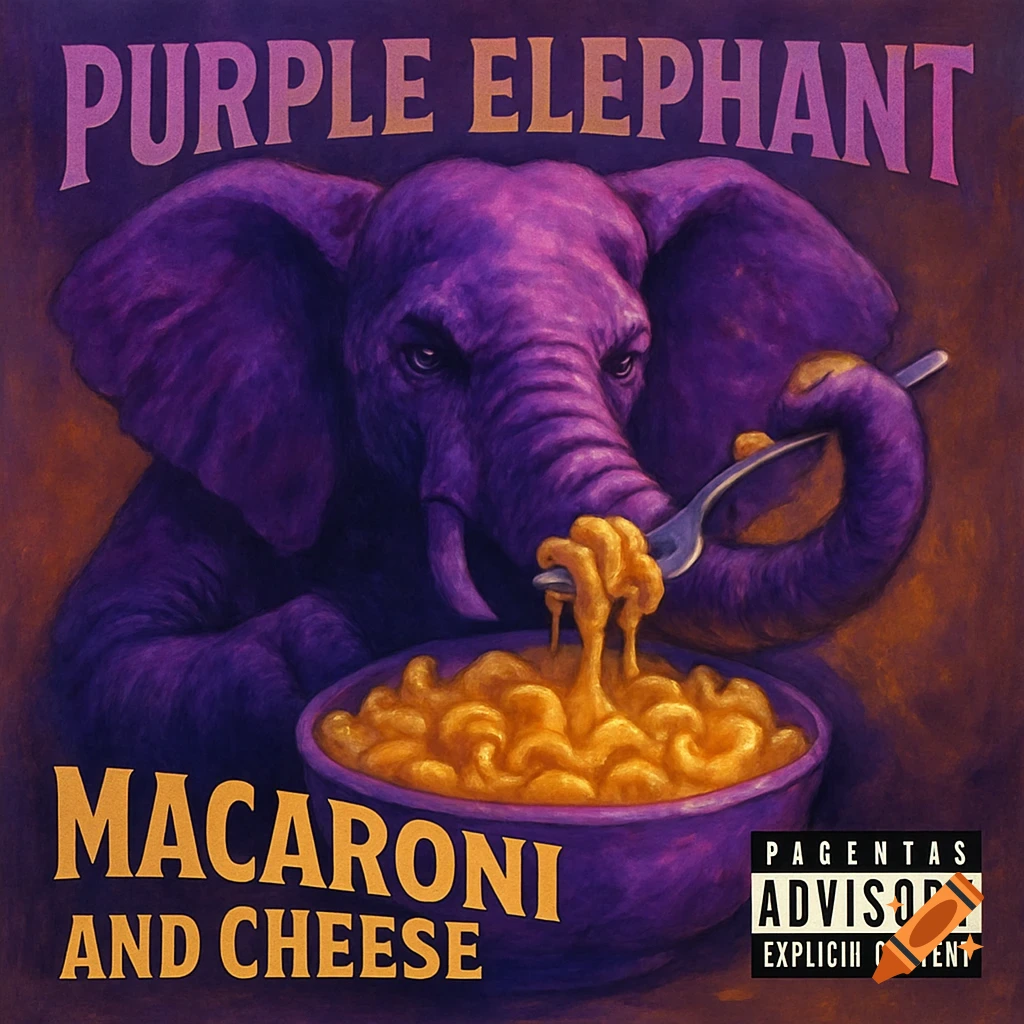 An album cover featuring a purple elephant eating macaroni and cheese