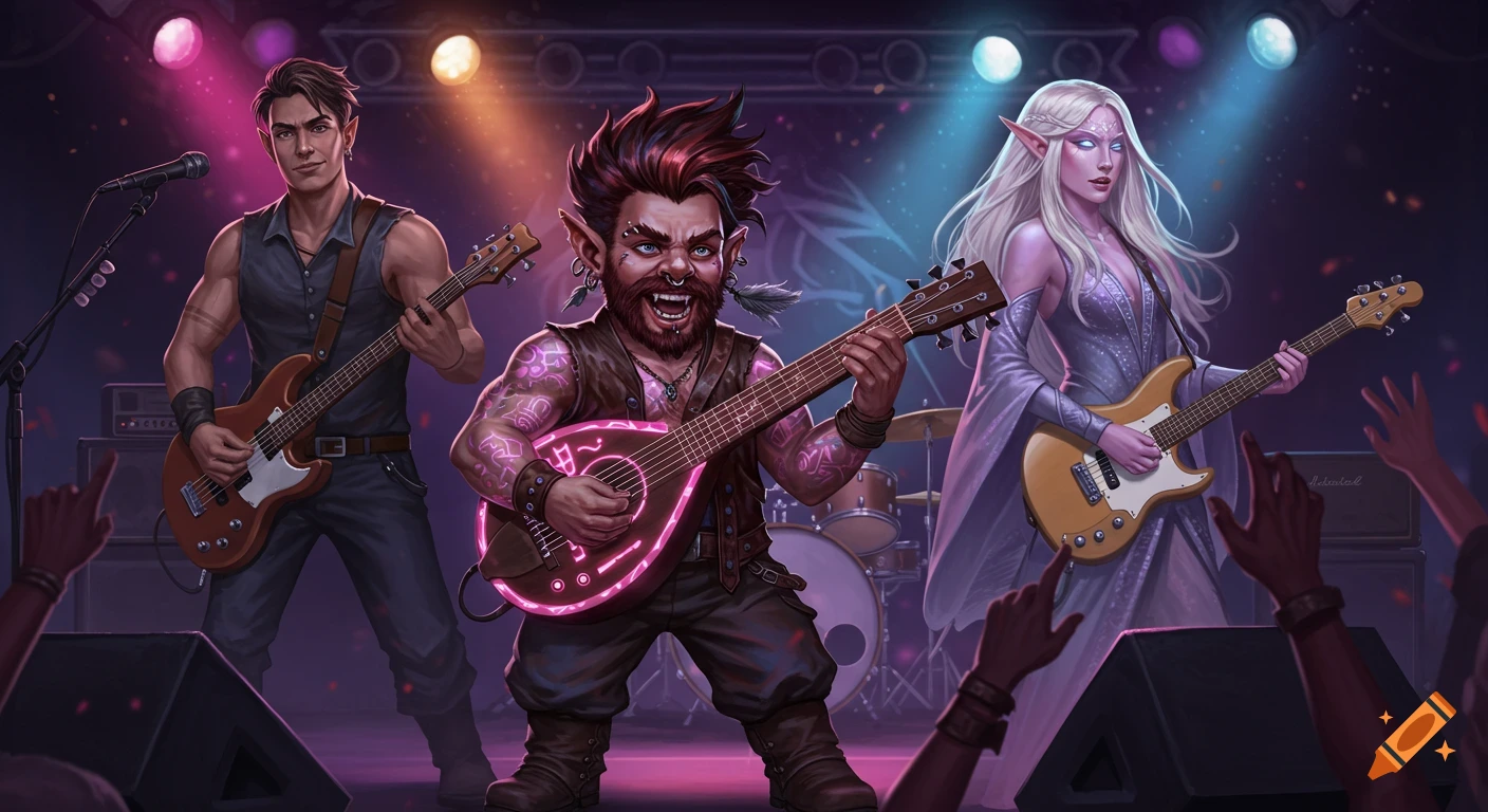 A fantasy rock band, including a gnome, elf, and human, performs on stage under dynamic spotlights.