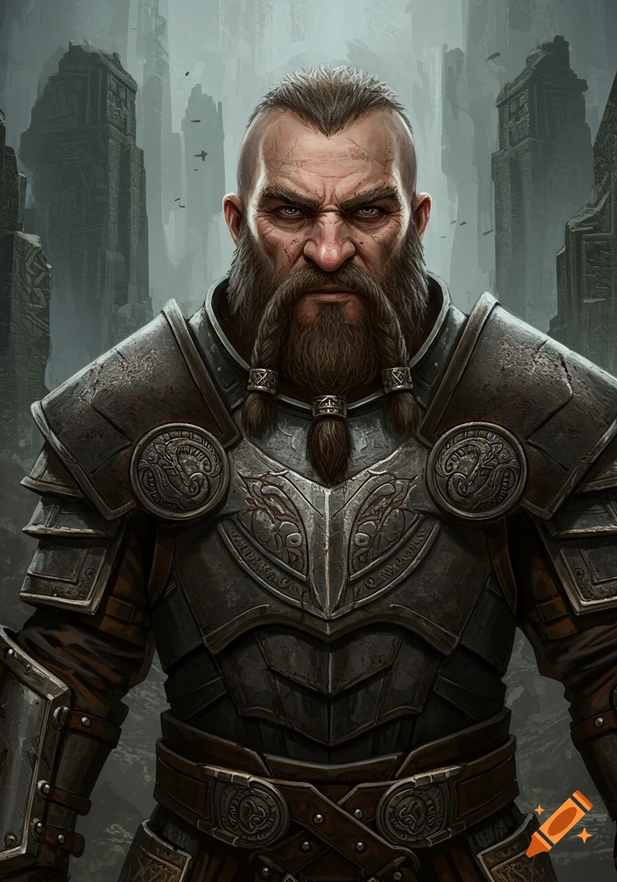 A fantasy warrior in ornate dwarven armor with ancient ruins behind him.