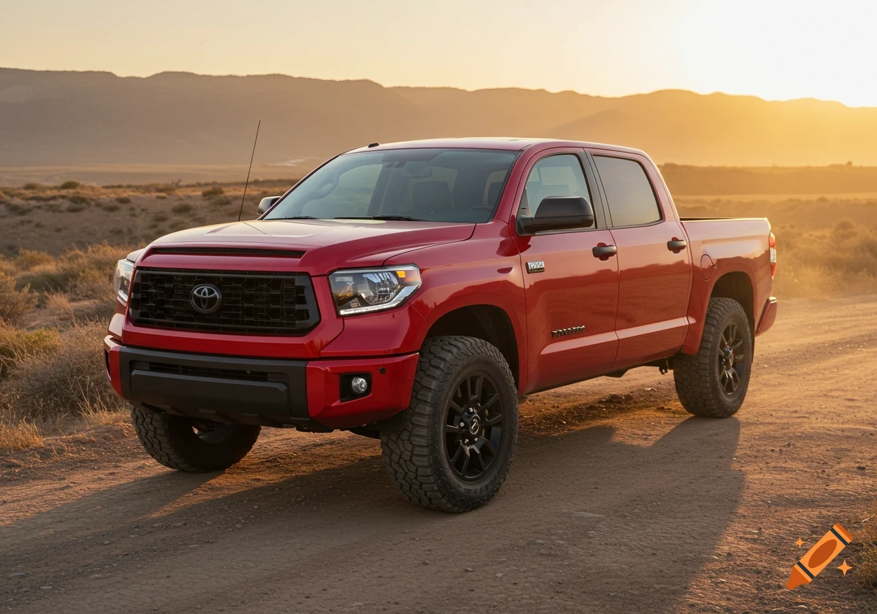 A red Toyota Tundra pickup truck parked on a dirt road in a desert landscape at sunset.