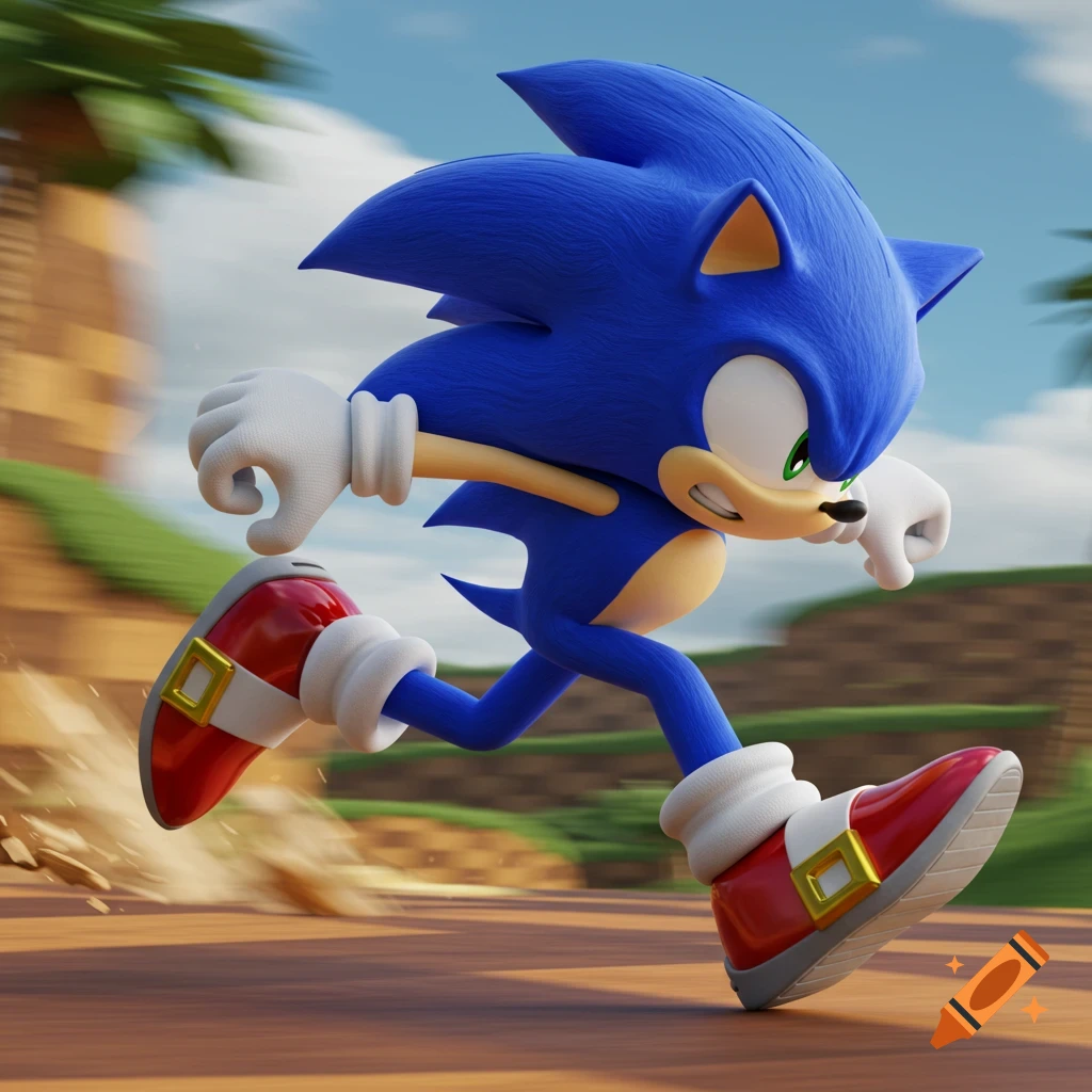 Sonic the Hedgehog running through a landscape resembling Green Hill Zone in a 3D render style.