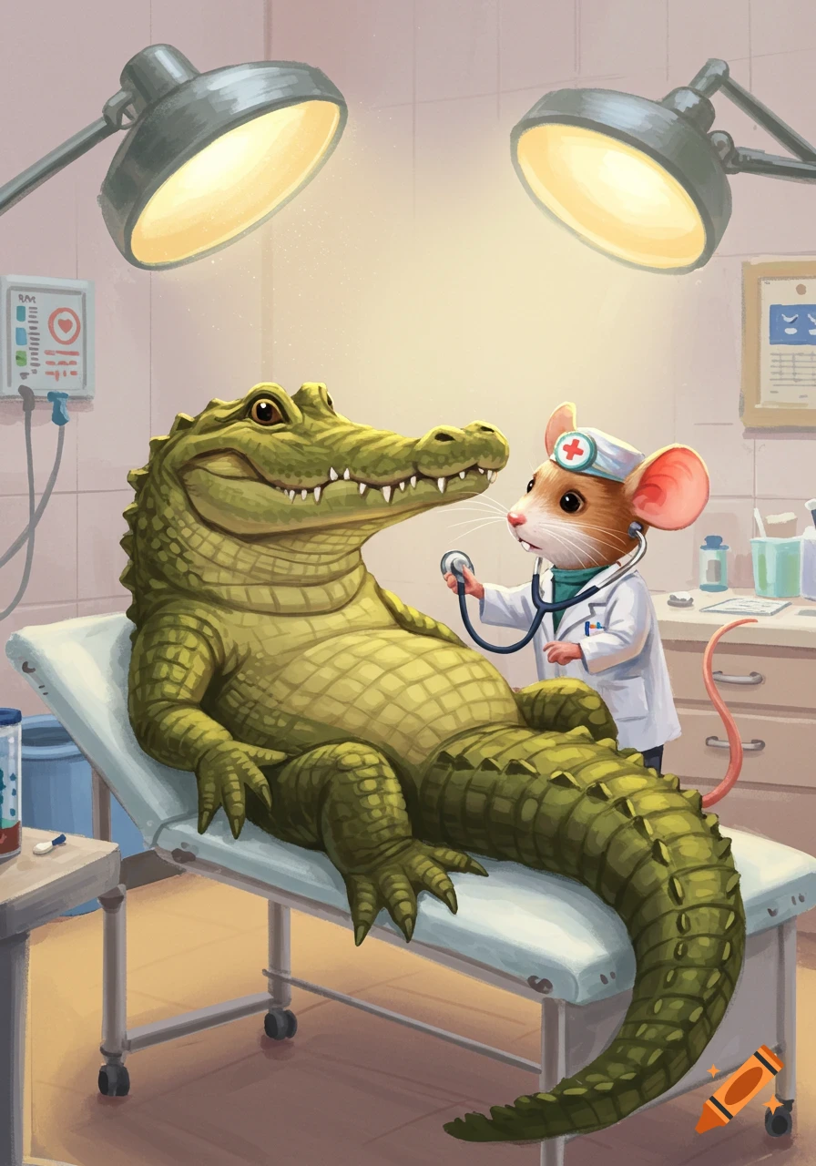 A mouse doctor giving a check-up to a large alligator patient in an exam room.