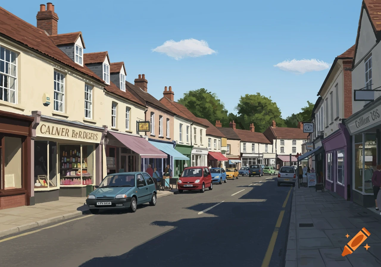 A street scene with shops, cars, and people under a blue sky.