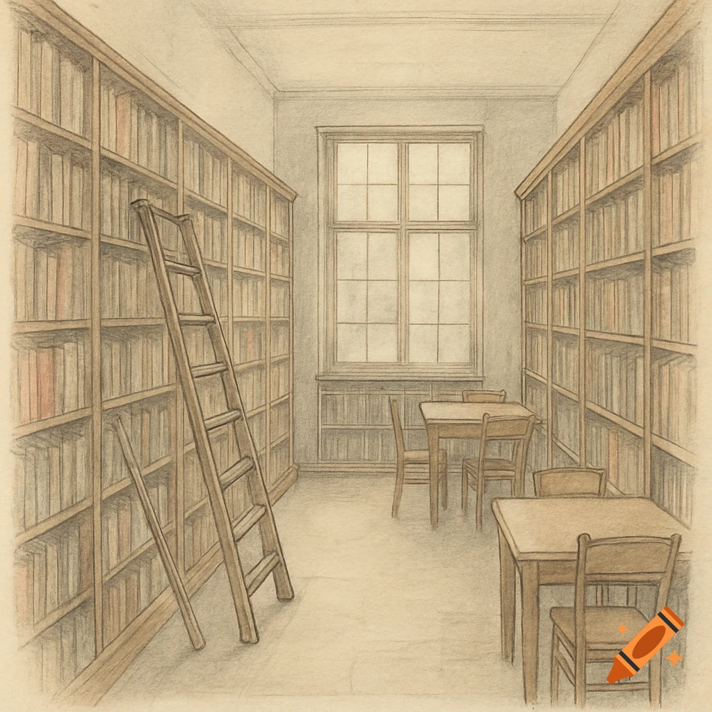A vintage-style pencil and watercolor drawing of a library with bookshelves, a ladder, tables, and chairs.