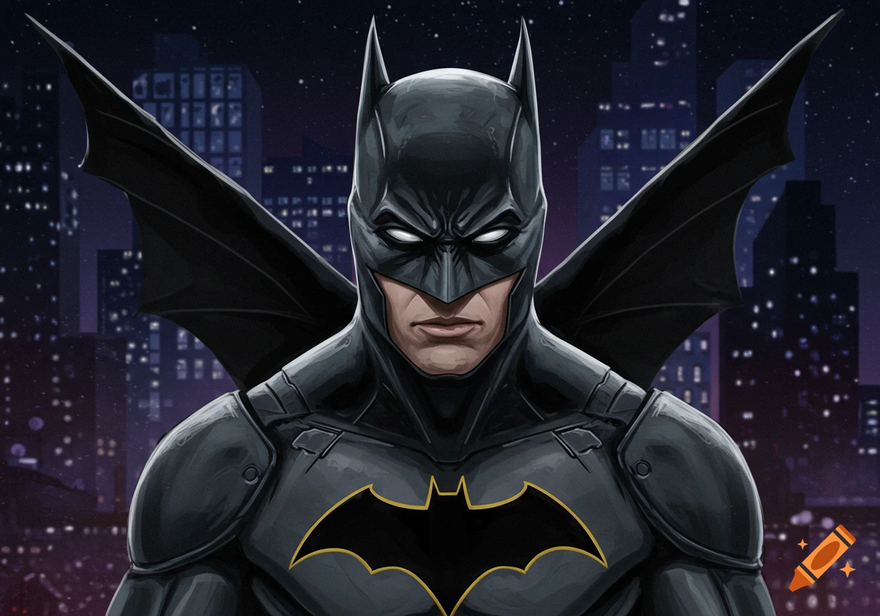Batman standing in front of a city skyline at night.