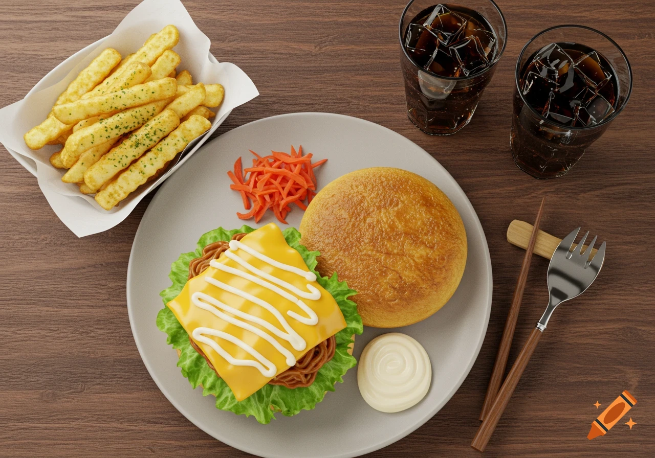 Overhead view of a plate with a burger, fries, and two glasses of cola.