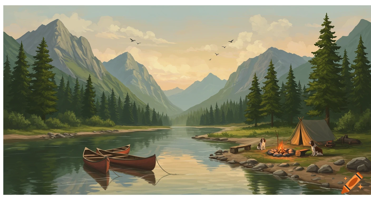 Mountain valley with a river, canoes, campsite, campfire, and two dogs.
