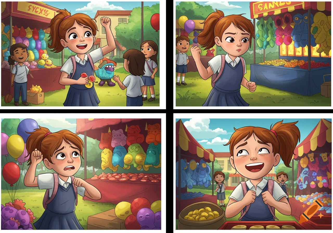 Four-panel cartoon of a girl showing different emotions at a school fair with games and balloons.