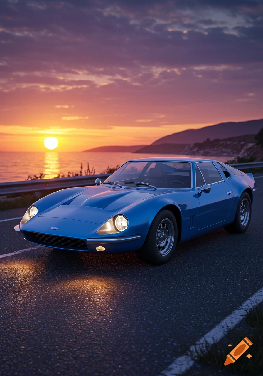 A blue sports car drives along a coastal road at sunset.