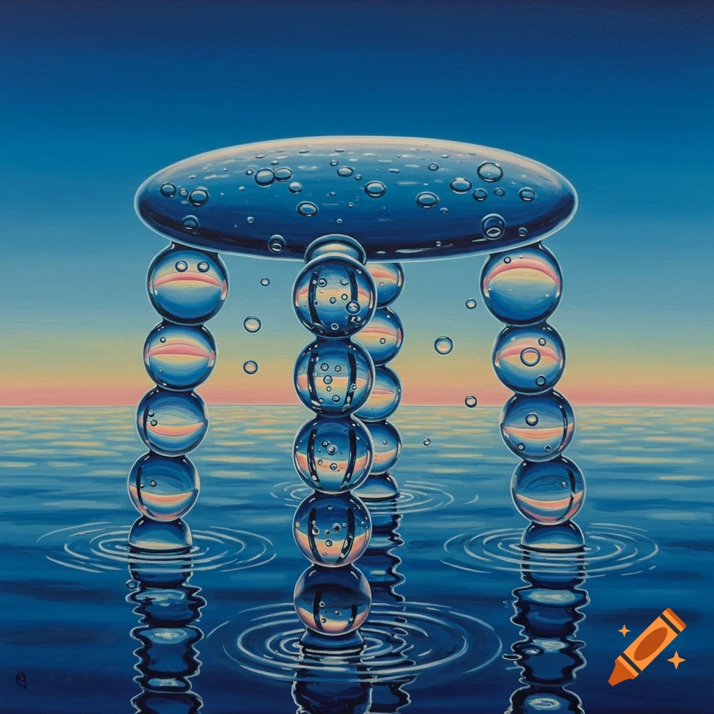 Surreal image of stacked spheres forming a structure over water reflecting a sunset sky.
