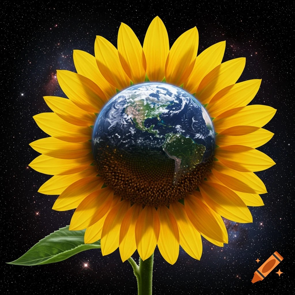 A vibrant sunflower with the Earth at its core, set against a backdrop of a star-filled cosmos.