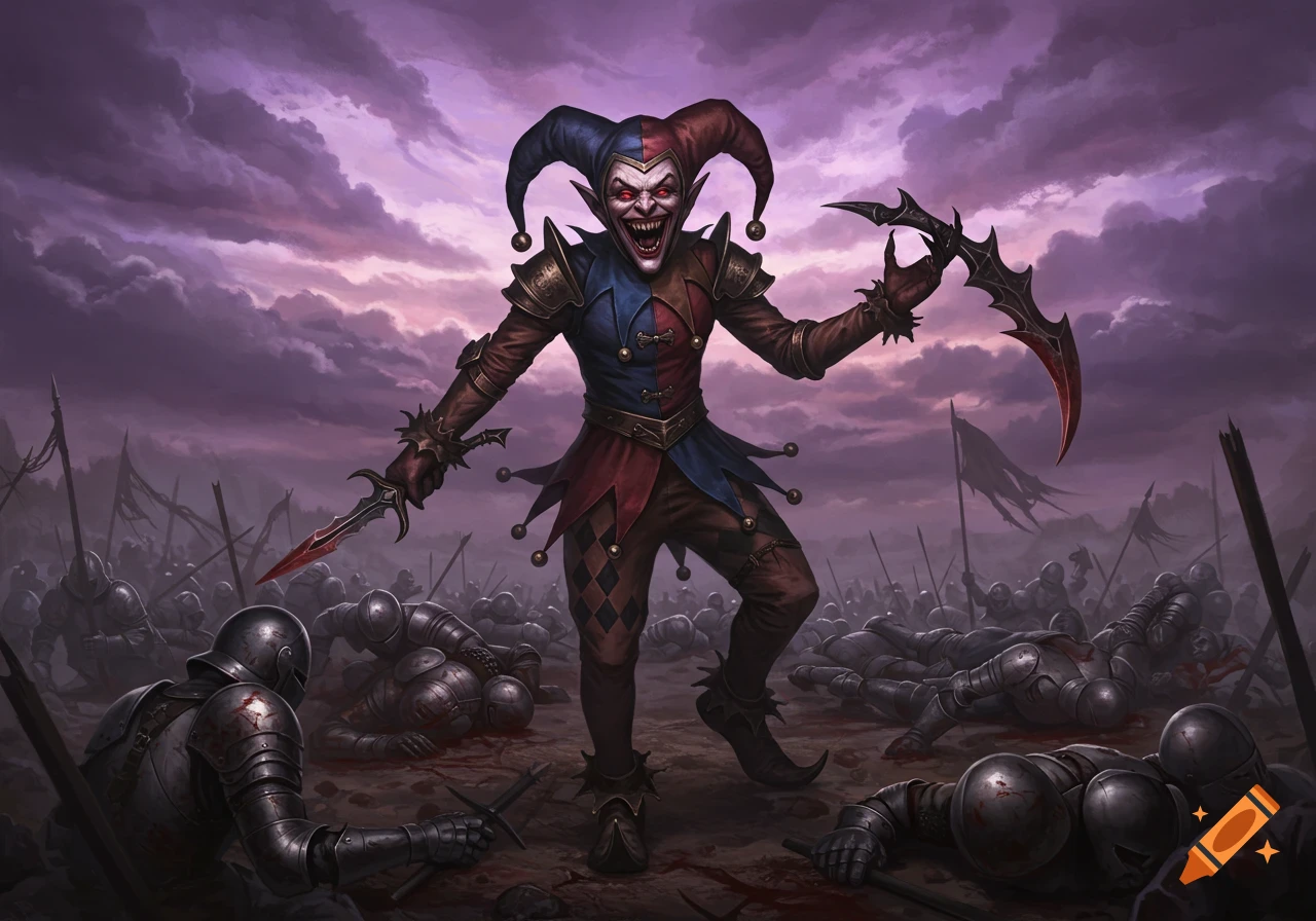 A laughing demonic jester stands on a battlefield covered with fallen knights.