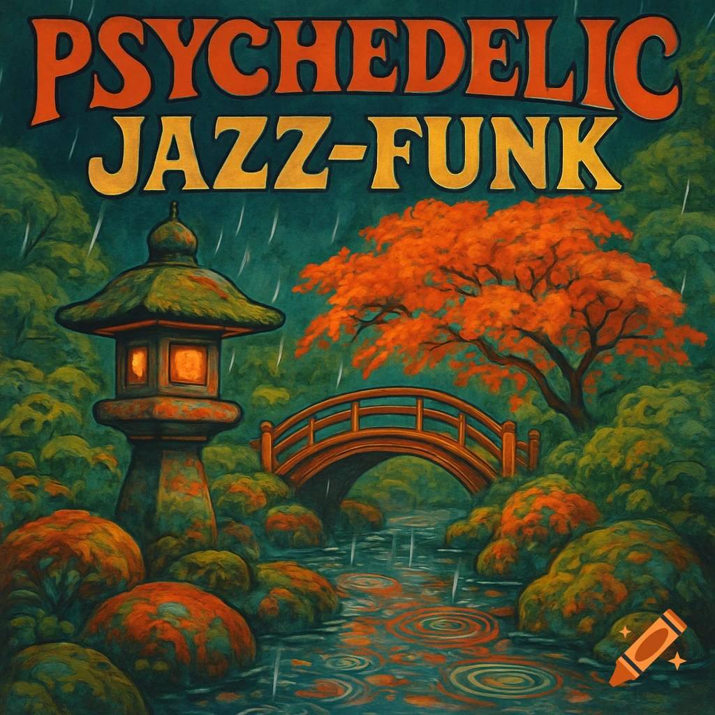 A rainy Japanese garden with a bridge, lantern, and red tree, with PSYCHEDELIC JAZZ-FUNK text.