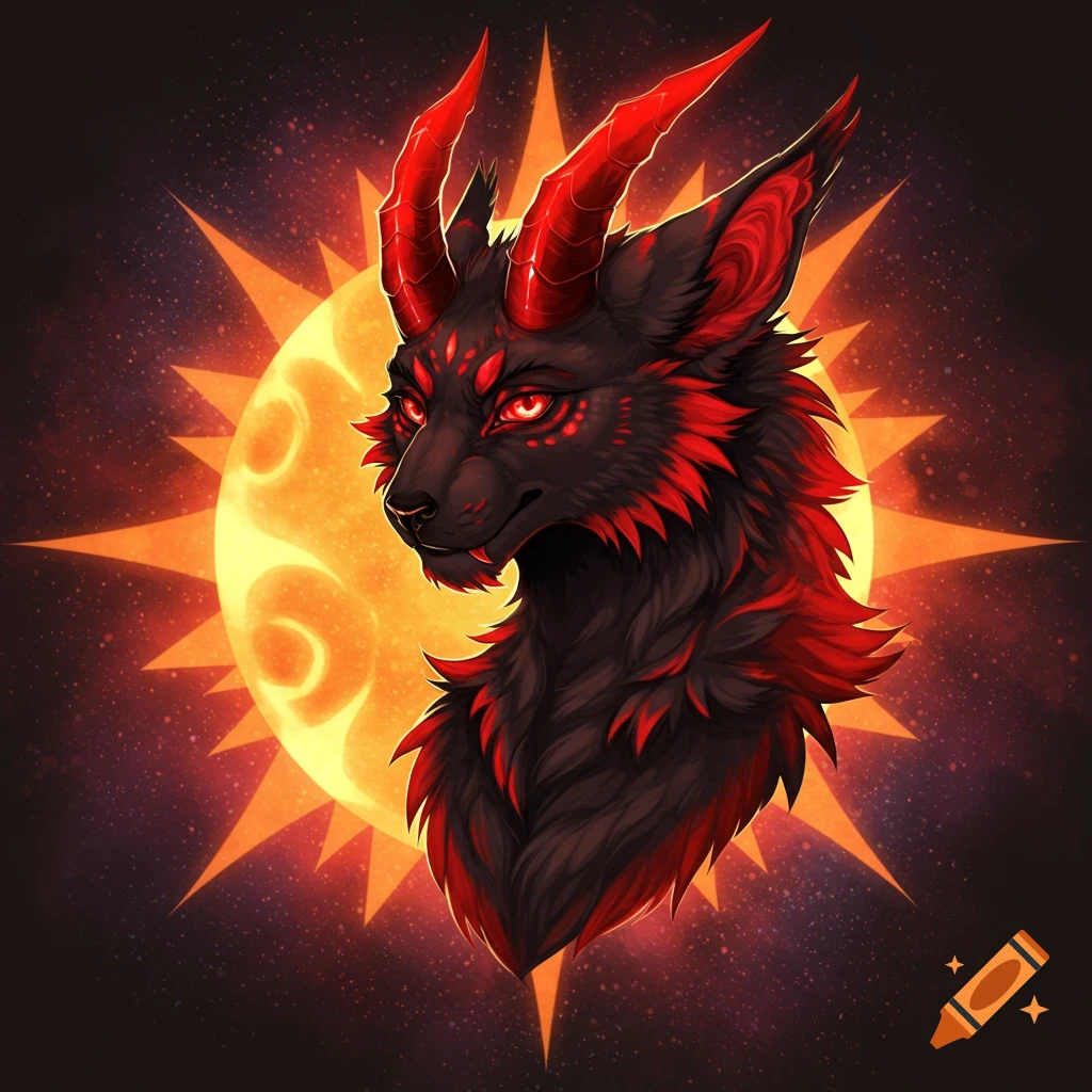 A black and red demon furry creature in front of a sun in space.