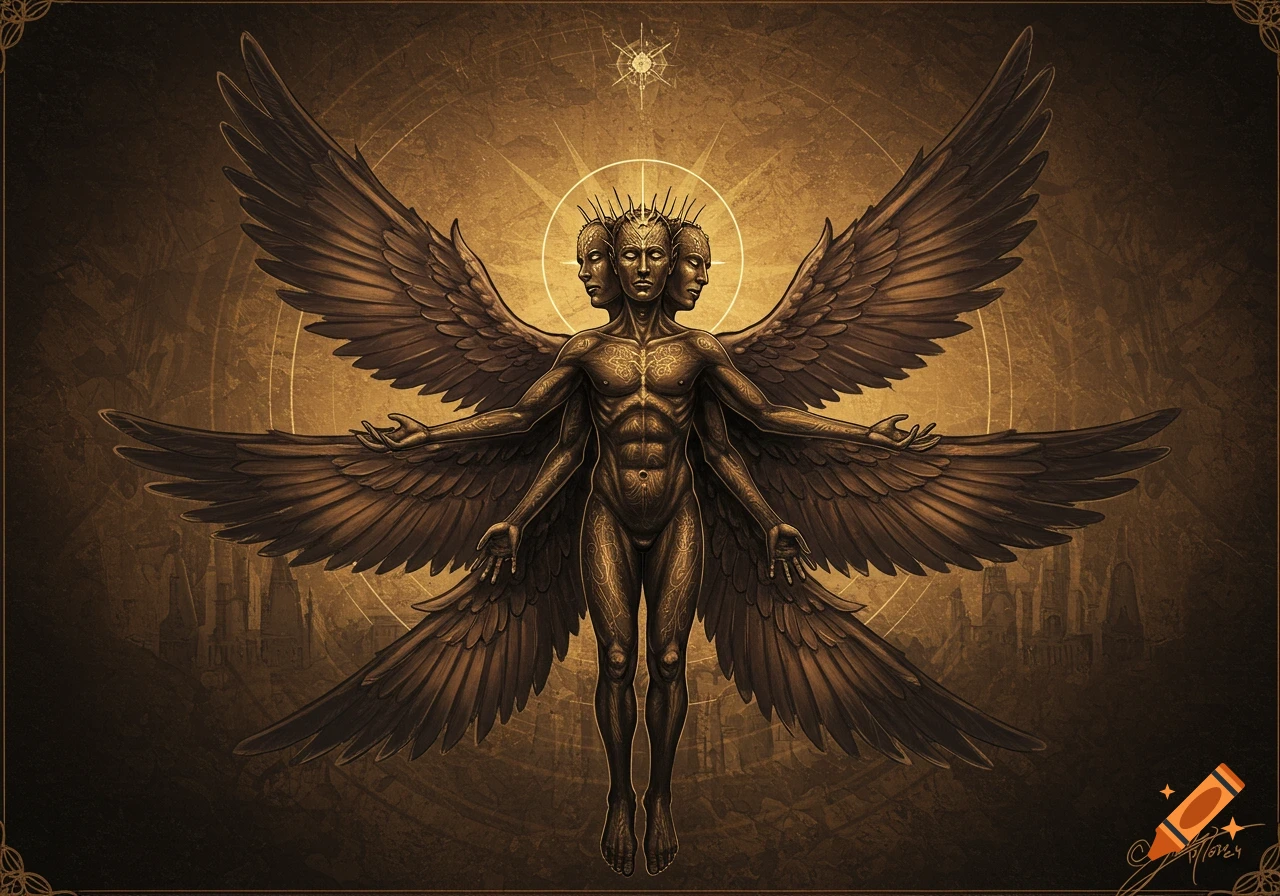 A dark fantasy image of a multi-faced, multi-winged biblical being with golden details.