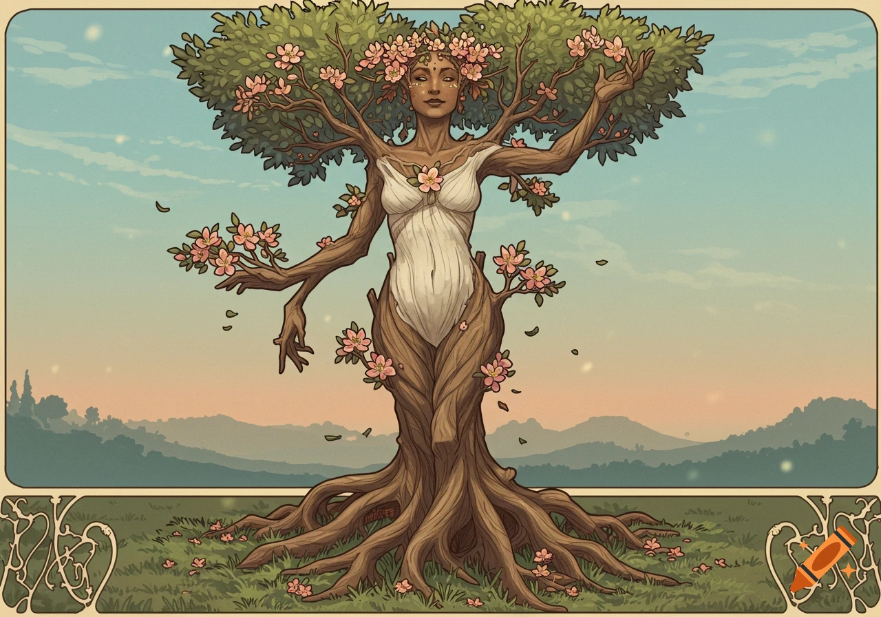 A woman's body merges with a tree, with branches, leaves, and flowers, standing in a landscape.