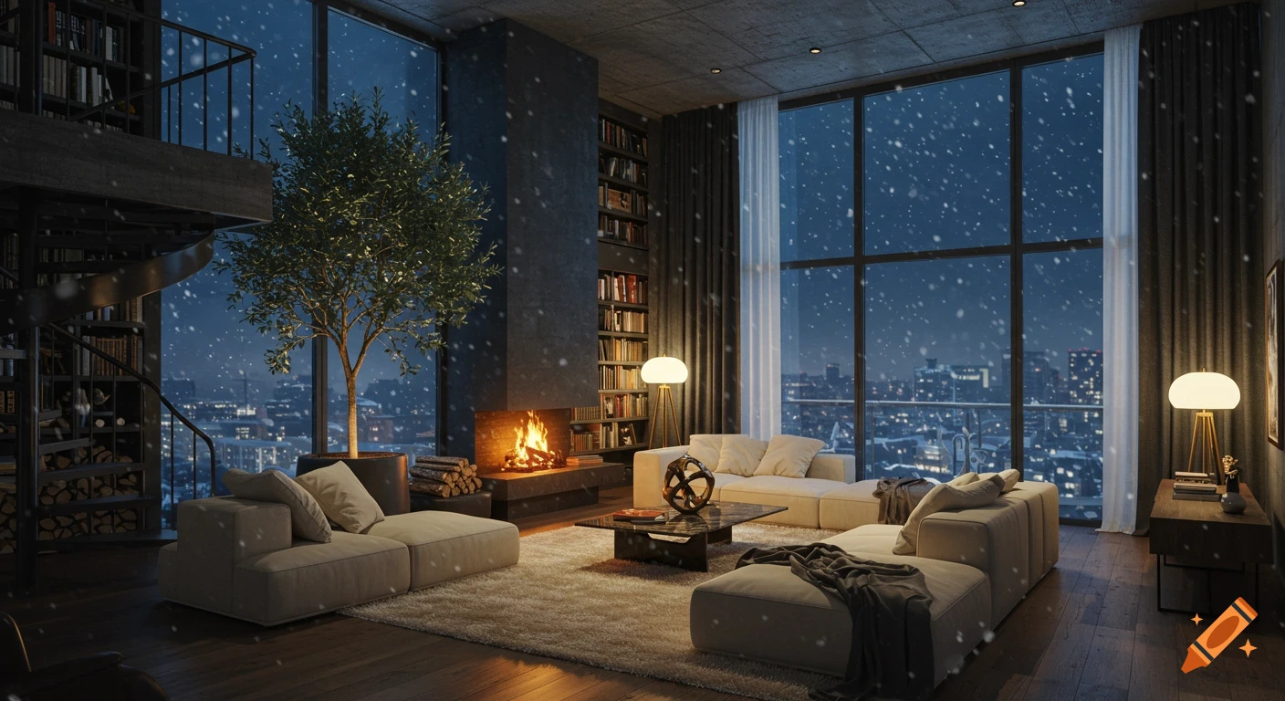 Luxurious penthouse loft living room with fireplace, sofas, library stairs, floor-to-ceiling windows showing snowy city lights at night.
