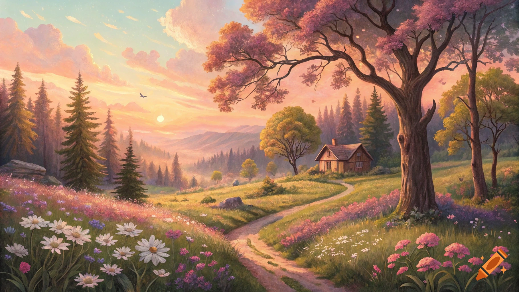 A stylized landscape painting of a cabin in a field of flowers and trees at sunset.