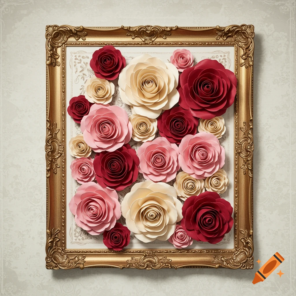 Paper roses in pink, red, and cream are arranged in a golden frame.