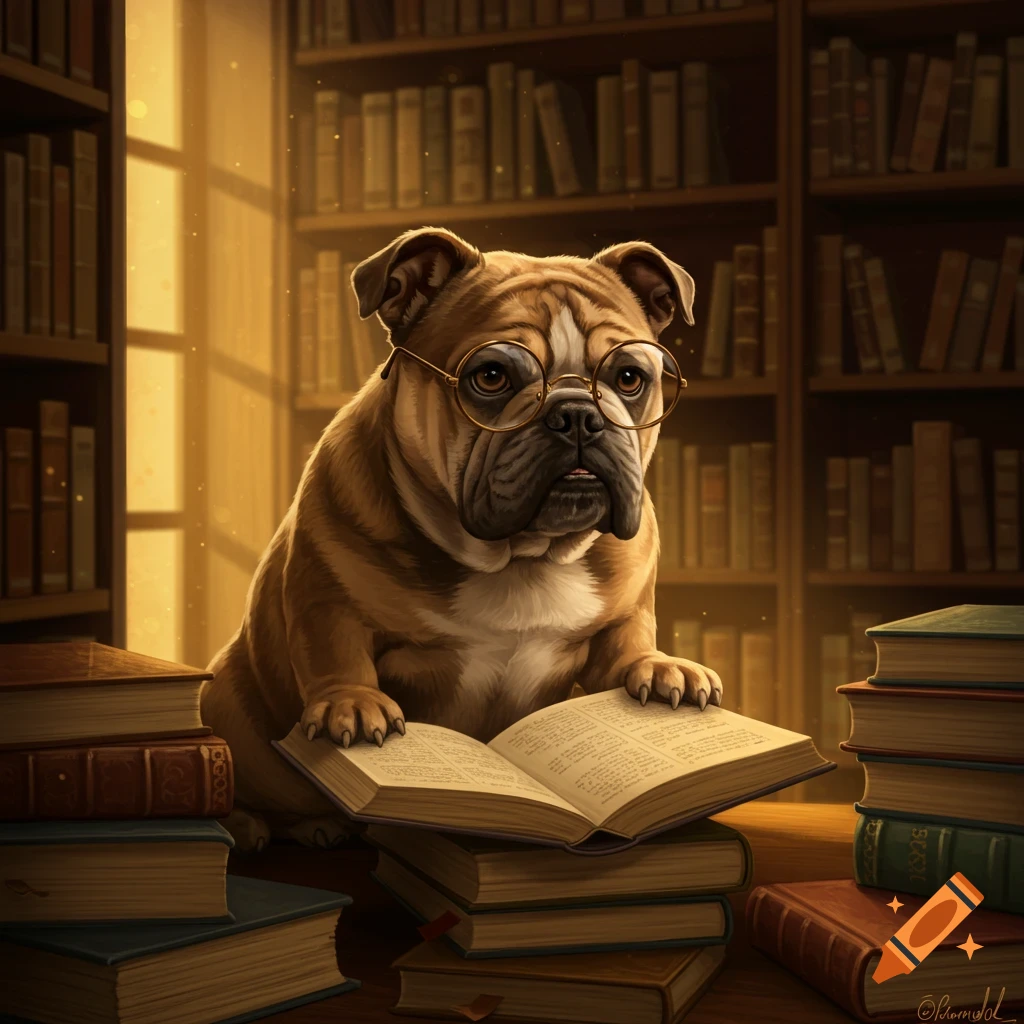 A bulldog wearing glasses, reading an open book in a library.