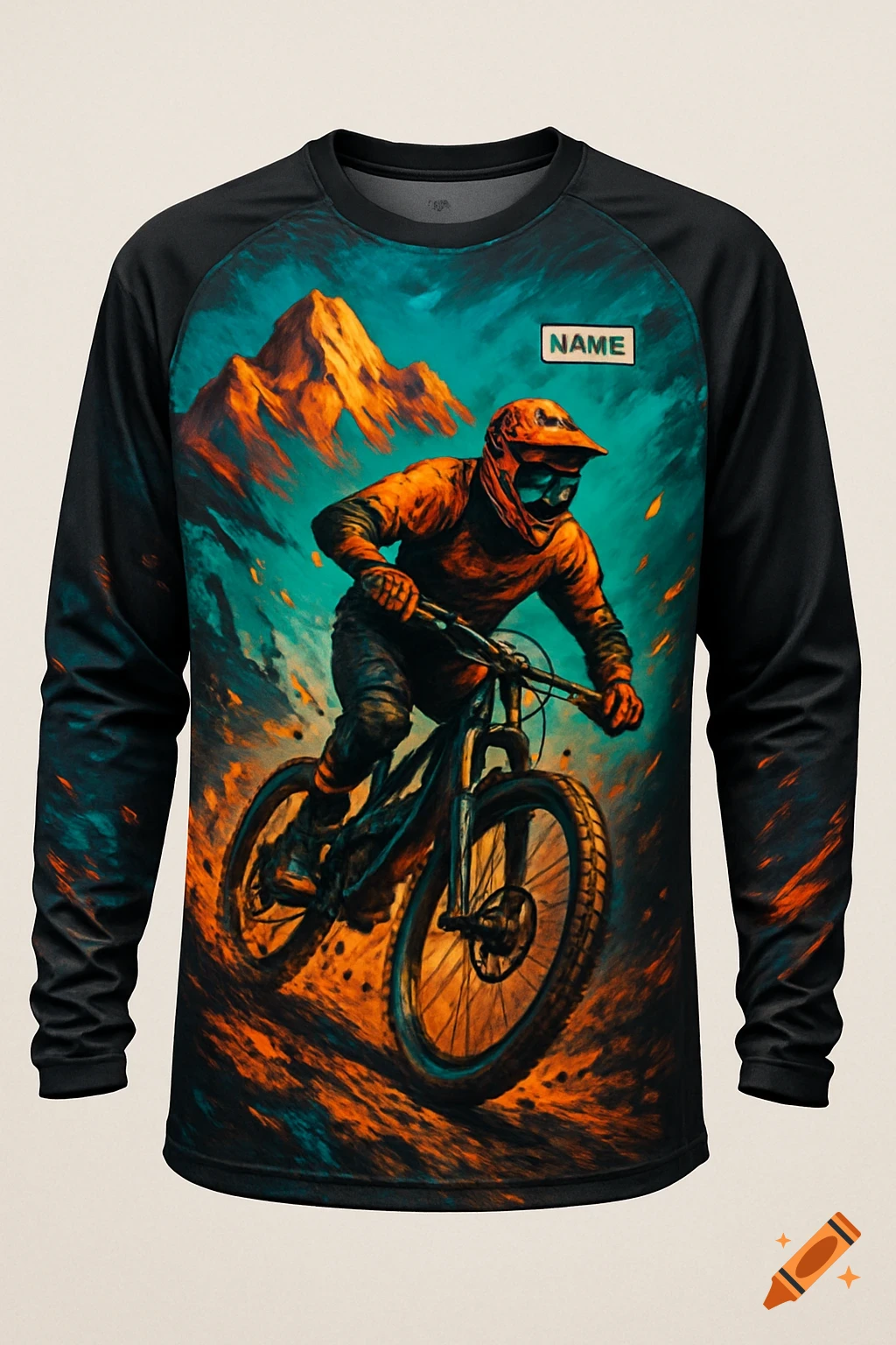 A mountain biker riding downhill on a jersey design