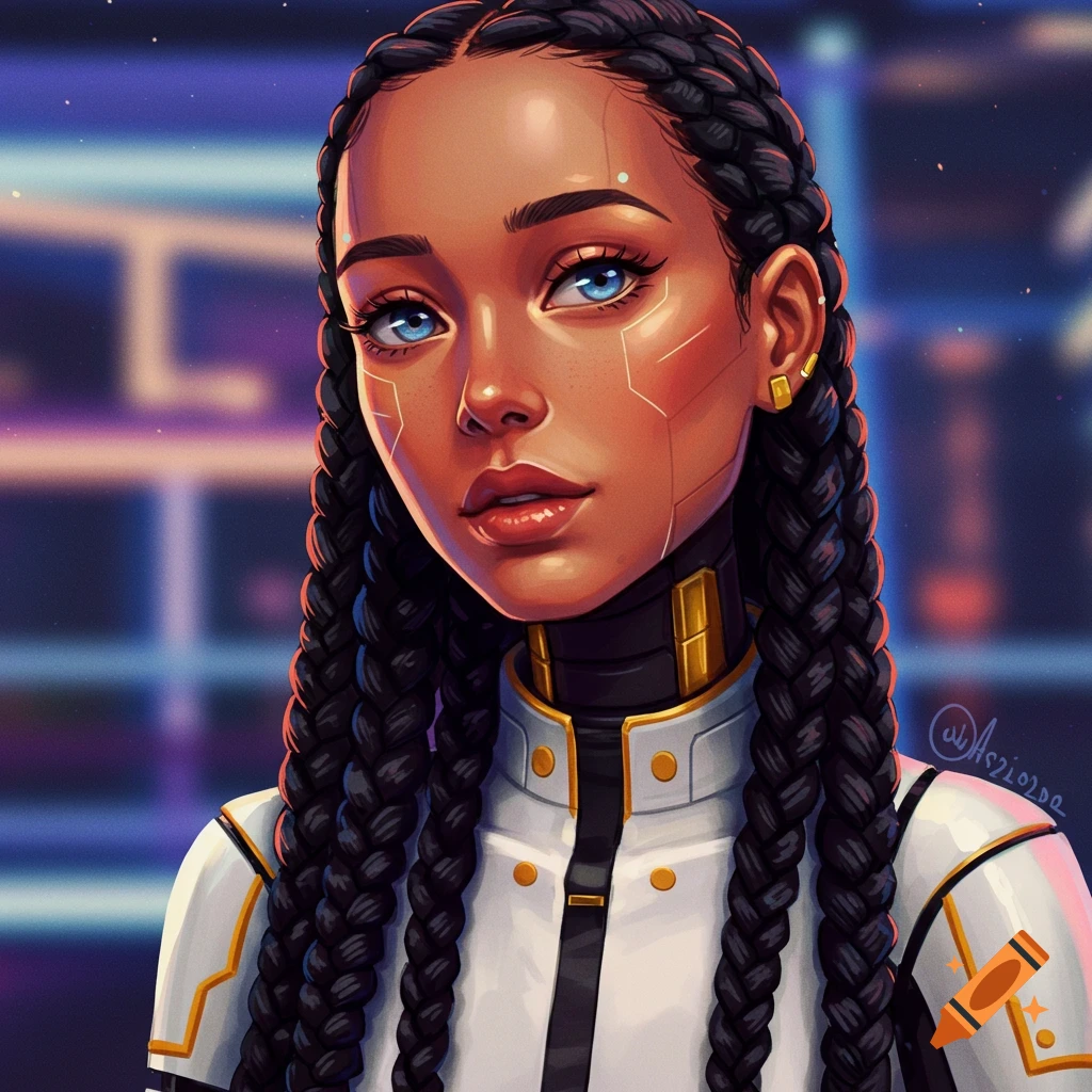 A young woman with braids, blue eyes, and cybernetic elements, in a futuristic suit.