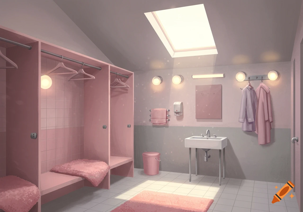 A pink, grey, and white cloakroom.