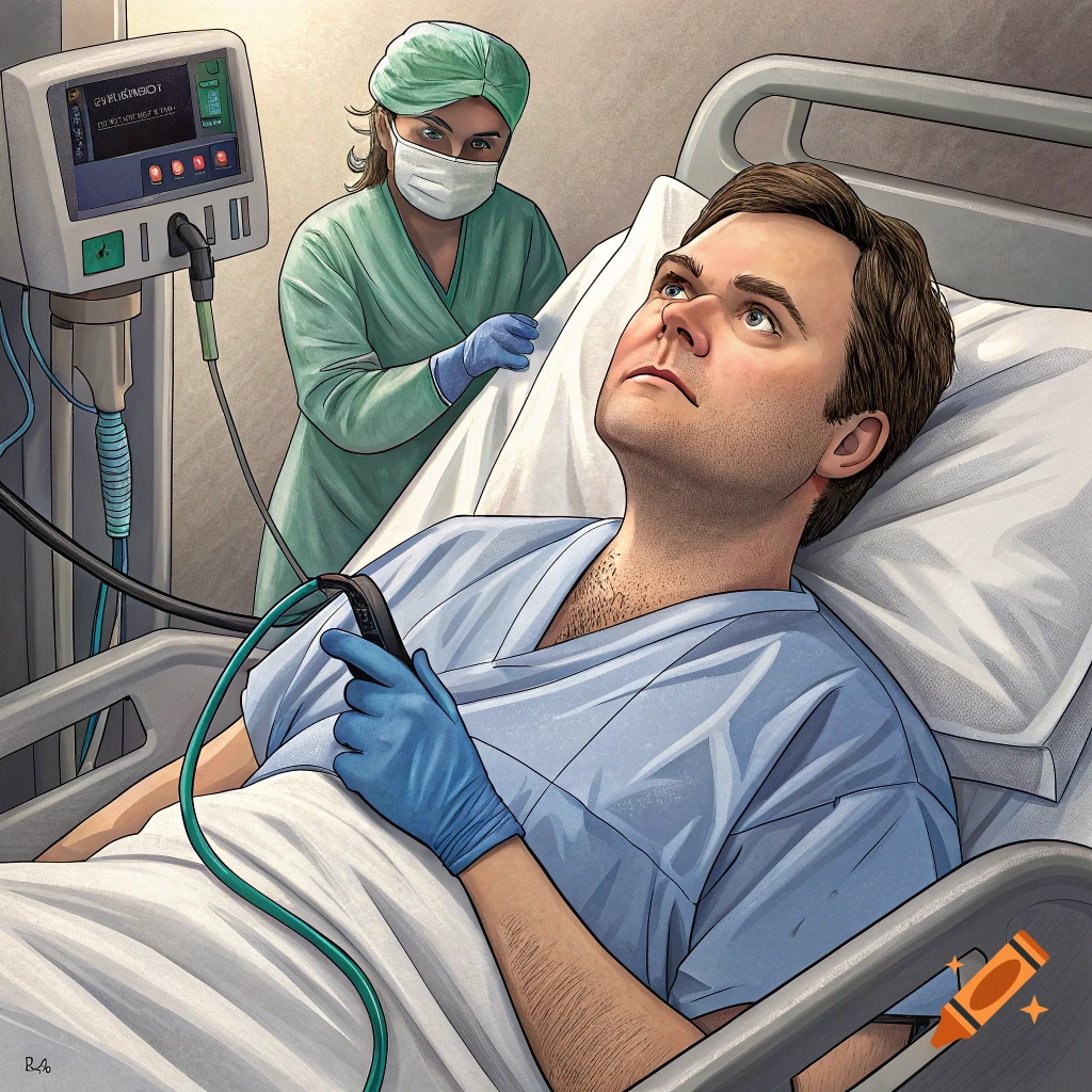 Illustration of a patient in a hospital bed with a medical professional and monitor.