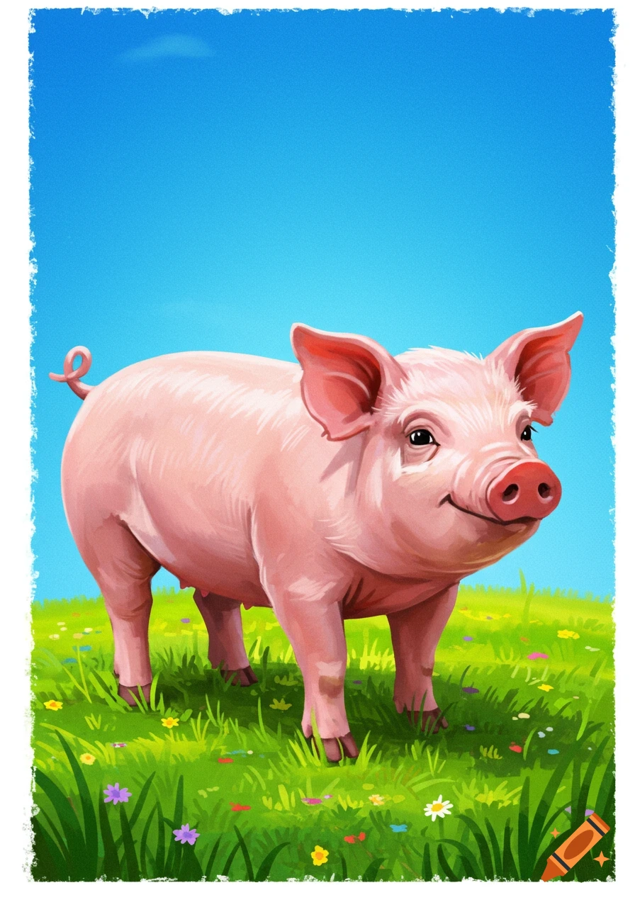 A pink pig standing in a field of grass and flowers under a blue sky.