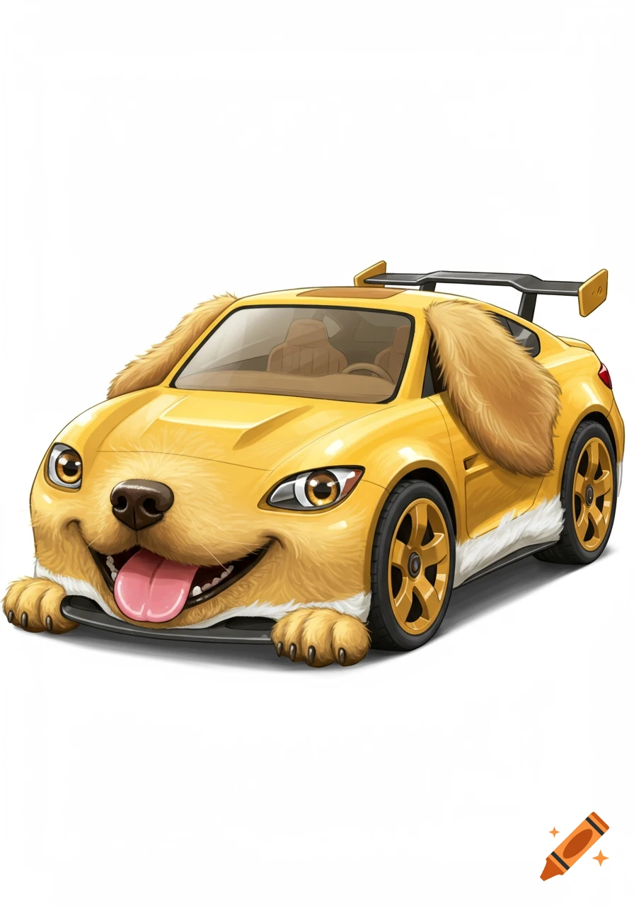 Cartoon yellow sports car with dog face, ears, and paws