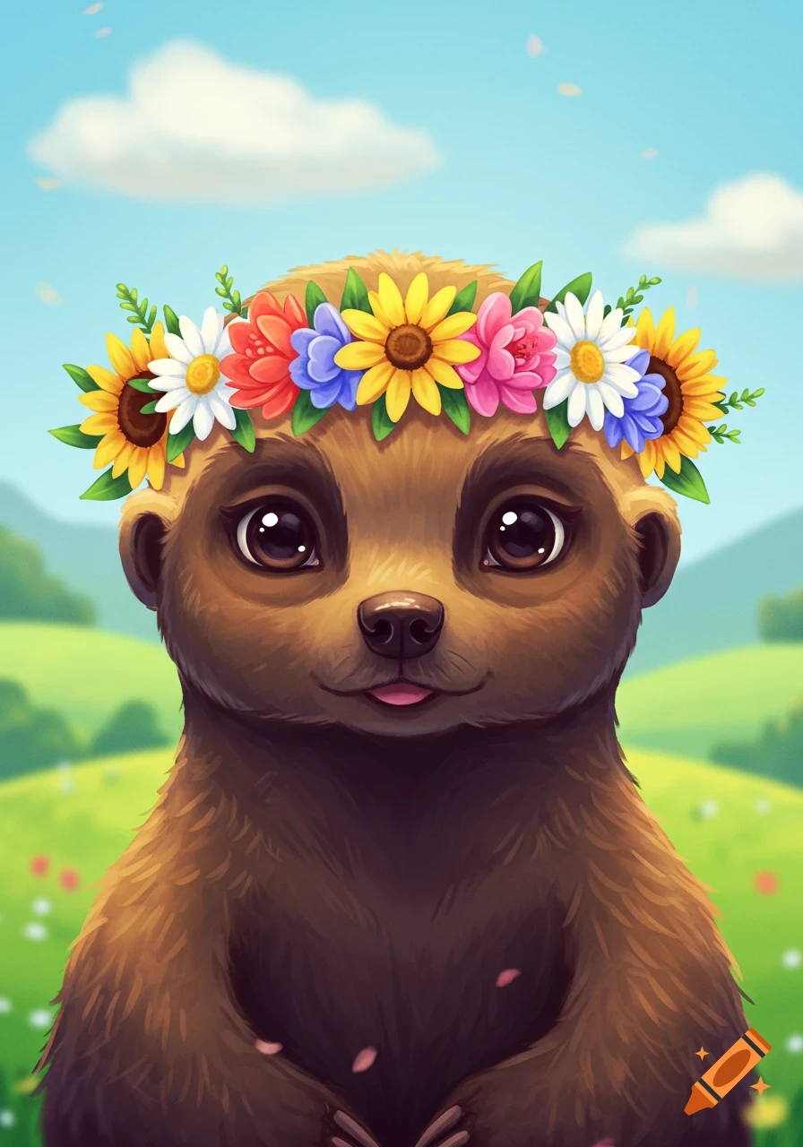 A cute honey badger wearing a colorful flower crown is in a grassy field.