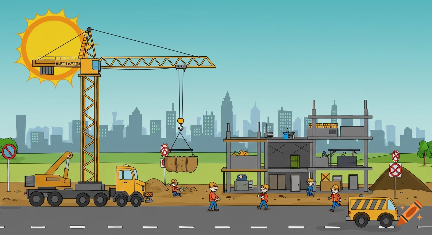 Cartoon construction site with crane, workers, building under construction, city skyline, and a road with a van.