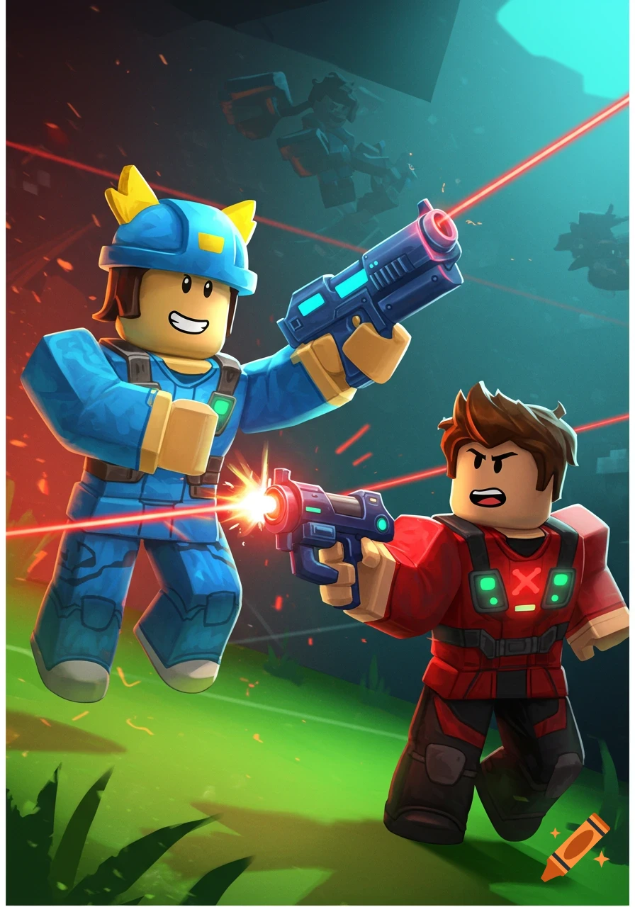 Two Roblox characters shooting laser guns at each other.