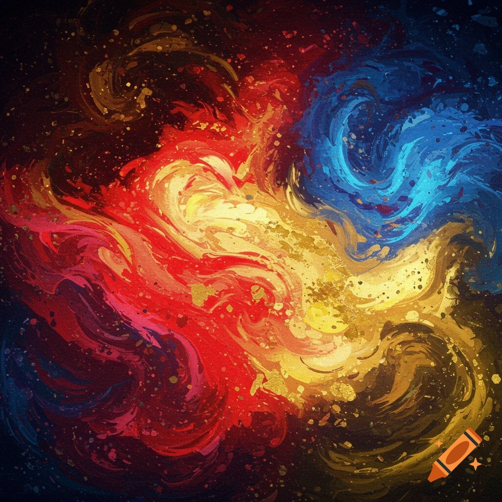 Abstract with swirling red, blue, yellow, and gold colors and splatters.